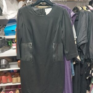 Worth Black Long Sleeve Dress with Leather Accents